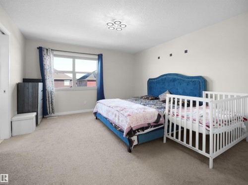 The bedroom features a window with blue curtains, light-colored carpet, and a ceiling light fixture - 4405 Crabapple Landing Landing, Edmonton, AB - Indoor Photo Showing Bedroom
