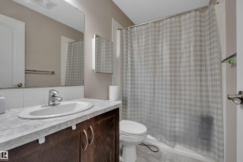 The bathroom features a vanity with a white countertop and a mounted sink, a toilet, and a shower with a plaid curtain - 320 392 Silver Berry Road, Edmonton, AB - Indoor Photo Showing Bathroom