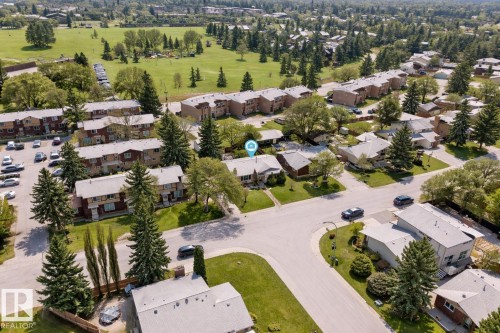 Aerial view showcasing a residential area with single-story and multi-story properties, surrounded by mature trees and green spaces - 11415 32 Avenue, Edmonton, AB - Outdoor With View