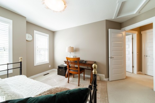 This room features two windows with blinds, a tray ceiling, and light-colored carpeting - 3451 Cutler Crescent, Edmonton, AB - Indoor