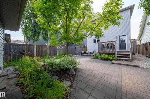 The property features a spacious paved patio area, a wooden deck with stairs, mature trees, and landscaped garden beds - 3451 Cutler Crescent, Edmonton, AB - Outdoor With Deck Patio Veranda