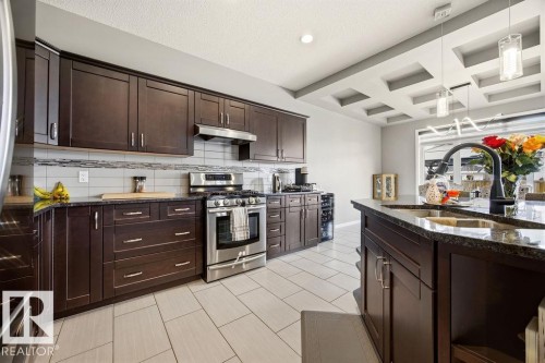 The kitchen features rich dark cabinetry, stainless steel appliances, and a tiled backsplash - 13024 206 Street, Edmonton, AB - Indoor Photo Showing Kitchen With Double Sink
