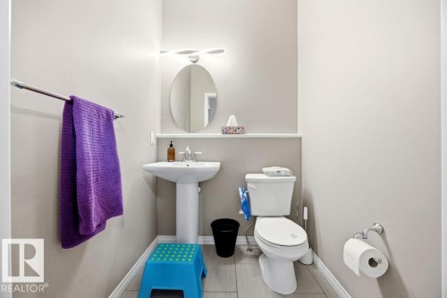 This bathroom features a pedestal sink with a contemporary faucet, an oval mirror, and a toilet - 13024 206 Street, Edmonton, AB - Indoor Photo Showing Bathroom