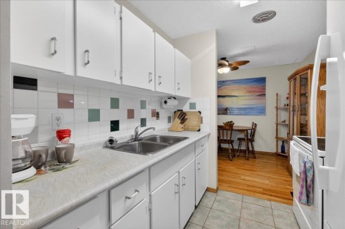 The kitchen features white cabinetry, a double basin sink, and a tiled backsplash with colorful accents - 2 Mcleod Place, Edmonton, AB - Indoor Photo Showing Kitchen With Double Sink