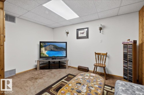 The living area offers a neutral color palette, carpeted flooring, and a drop ceiling with a rectangular overhead light fixture - 2 Mcleod Place, Edmonton, AB - Indoor