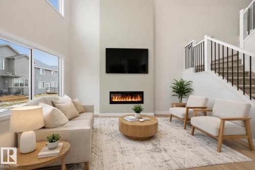 Virtually staged - 3036 Dixon Landing Landing, Edmonton, AB - Indoor Photo Showing Living Room With Fireplace