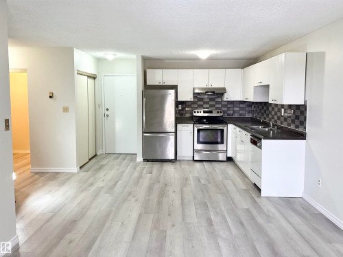 Kitchen and living area featuring light-toned flooring, white cabinetry, stainless steel appliances, and a tiled backsplash - 307 1620 48 Street, Edmonton, AB - Indoor Photo Showing Kitchen With Double Sink