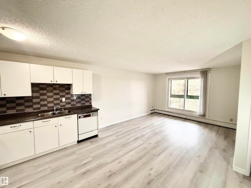 Open concept living area featuring light-toned flooring, white walls, and a large window providing natural light - 307 1620 48 Street, Edmonton, AB - Indoor Photo Showing Kitchen With Double Sink