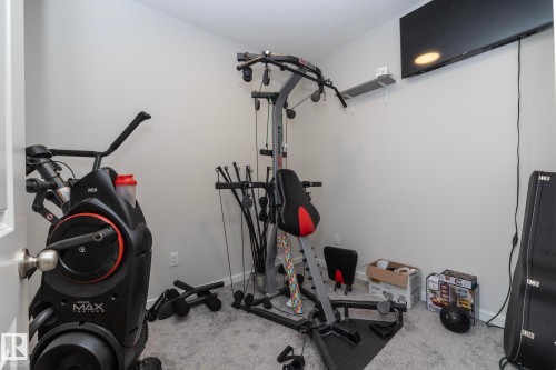 This room features light grey walls and grey carpet flooring - 159 Larch Crescent, Leduc, AB - Indoor Photo Showing Gym Room