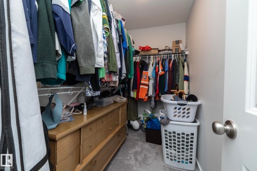 The property features a walk-in closet with carpeted flooring, wall-mounted shelving, and a dresser with drawers - 159 Larch Crescent, Leduc, AB - Indoor With Storage