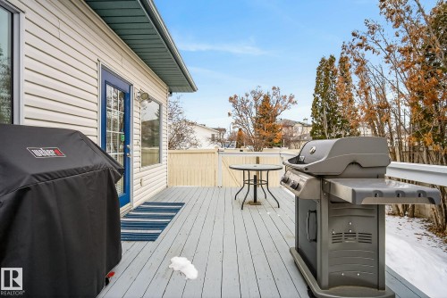 The property features a spacious outdoor deck with a light-colored wood surface and a blue glass-paned door - 17204 113 Street, Edmonton, AB - Outdoor With Deck Patio Veranda With Exterior