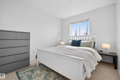 Bedroom featuring light-colored walls, carpet flooring, and a large window providing natural light - 9051 Scott Crescent, Edmonton, AB - Indoor Photo Showing Bedroom