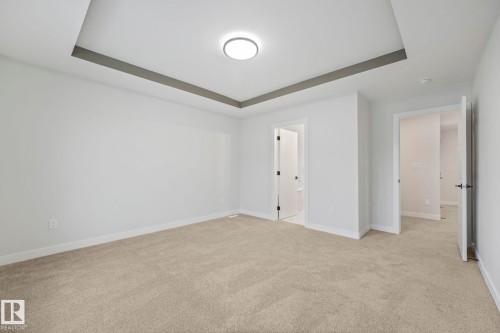 The property features a spacious room with light-colored carpeting, white walls, and a tray ceiling with a central flush-mount light fixture - 14 Dalquist Bay, Leduc, AB - Indoor Photo Showing Other Room