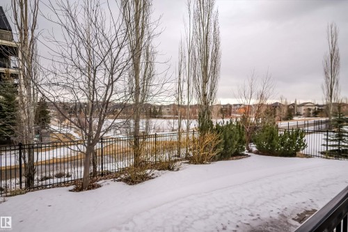 This property features a private outdoor area with established trees and shrubs, overlooking a fenced pathway and a body of water - 4016 Mactaggart Drive, Edmonton, AB - Outdoor