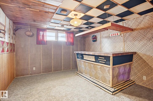 Recreation room featuring carpeted flooring, a built-in bar, and windows with red curtains - 6503 106A Avenue, Edmonton, AB - Indoor
