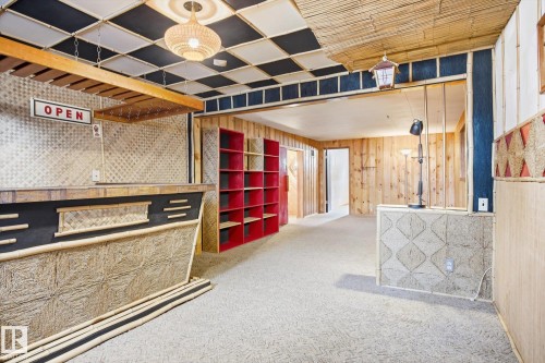 Recreation room featuring patterned carpet, paneled wood walls, and a decorative ceiling with accent lighting - 6503 106A Avenue, Edmonton, AB - Indoor Photo Showing Other Room