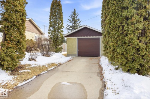 The property features a detached garage with a brown panel door and a concrete driveway - 6503 106A Avenue, Edmonton, AB - Outdoor