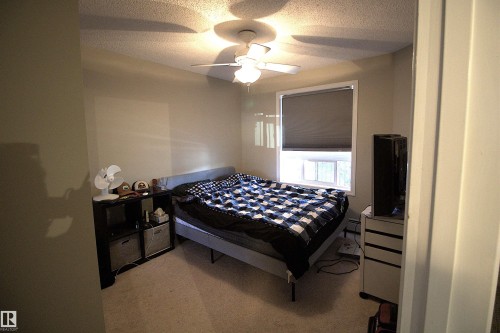 This room features a window with a roller blind, a ceiling fan, and carpeting - 1204 330 Clareview Station Drive, Edmonton, AB - Indoor Photo Showing Bedroom