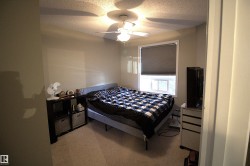 This room features a window with a roller blind, a ceiling fan, and carpeting - 