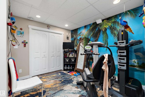 The property features a room with a vibrant accent wall, recessed lighting, and white bi-fold closet doors - 2914 18A Avenue, Edmonton, AB - Indoor Photo Showing Gym Room