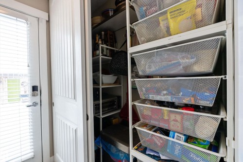 Pantry featuring built-in shelving with wire baskets and a white beadboard door - 2914 18A Avenue, Edmonton, AB - Indoor