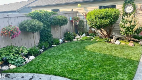 The property features a meticulously maintained lawn, bordered by a decorative rock garden with diverse plant species, including hostas and topiary trees - 2914 18A Avenue, Edmonton, AB - Outdoor