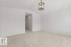 This room features light-colored carpeting, white walls, and a modern ceiling light fixture - 