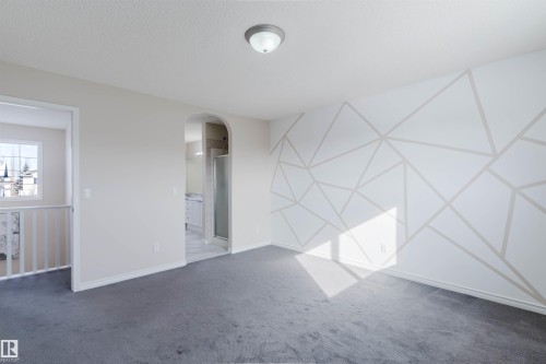 This room features plush gray carpeting and a decorative accent wall with a geometric pattern - 1135 112 Street, Edmonton, AB - Indoor Photo Showing Other Room