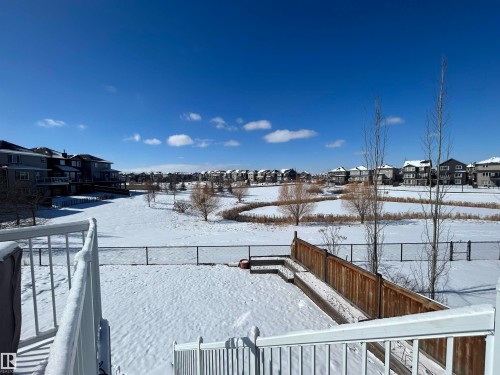 The property features a fenced backyard with a patio area and direct views of the snow-covered park and surrounding residential neighborhood - 5333 21A Avenue, Edmonton, AB - Outdoor