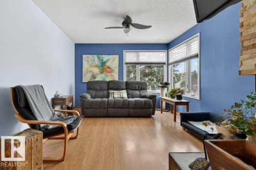 Living area featuring wood-look flooring, light blue and blue walls, multiple windows with blinds, and a ceiling fan - 2655 89 Street, Edmonton, AB - Indoor Photo Showing Living Room