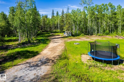 Gravel driveway with surrounding green space, bordered by mature trees - 17 56110 Rge Road 13, Rural Lac Ste. Anne County, AB 