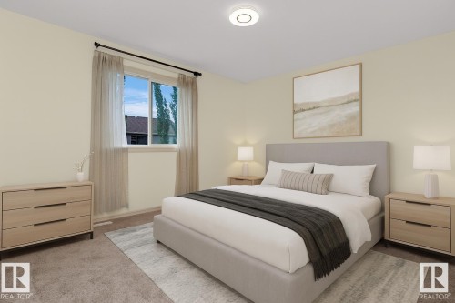 This room features a window with sheer curtains, a light-colored carpet, and walls painted in a neutral tone - 1609 Hodgson Crest, Edmonton, AB - Indoor Photo Showing Bedroom
