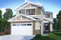 The property features a modern exterior with varied siding textures, stone accents, and a prominent white garage door - 