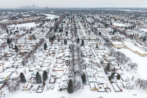 Aerial view of the neighbourhood, featuring residential properties with snow-covered roofs and mature trees - 3613 113 Avenue, Edmonton, AB - Outdoor With View