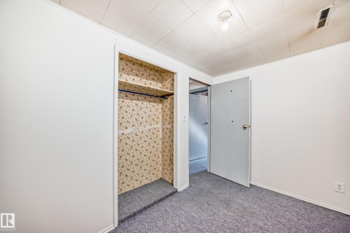 This room features soft grey carpeting, white walls, and a closet with a patterned interior and shelving - 4237 116 Avenue, Edmonton, AB - Indoor Photo Showing Other Room