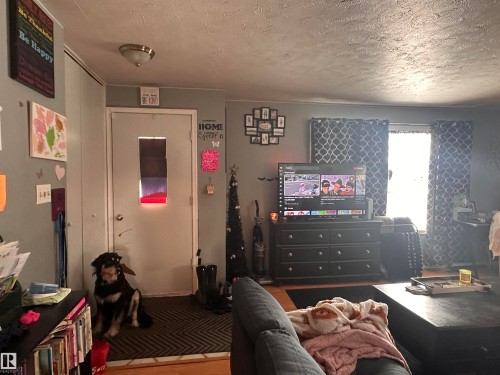 Living area featuring an entry door with a window, hardwood flooring, and a large window with patterned curtains providing natural light - 9724 102 Avenue, Westlock, AB - Indoor