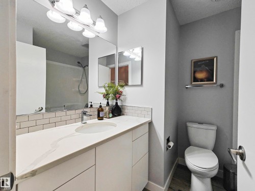 Bathroom featuring a white vanity with a light-colored countertop, a subway tile backsplash, and a large mirror with overhead lighting - 215 Peter Close Nw, Edmonton, AB - Indoor Photo Showing Bathroom