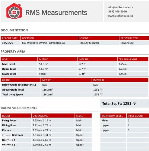 RMS Measurements Document. Outlining property dimensions and area calculations - 75 603 Watt Boulevard, Edmonton, AB - Other