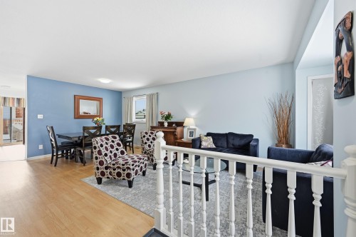 Open-concept living and dining area featuring light wood flooring, a light blue painted wall, and a staircase with white balusters - 85 Arlington Drive, St. Albert, AB - Indoor Photo Showing Dining Room