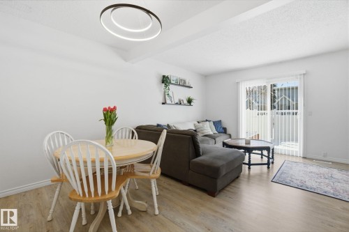 The property features an open-concept living area with light-toned flooring, a modern circular ceiling light fixture, and a sliding glass door providing external access - 29 9619 180 Street, Edmonton, AB - Indoor