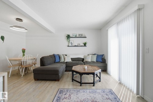 The living area features light-colored flooring, a modern ceiling light fixture, and vertical blinds on the window - 29 9619 180 Street, Edmonton, AB - Indoor Photo Showing Living Room