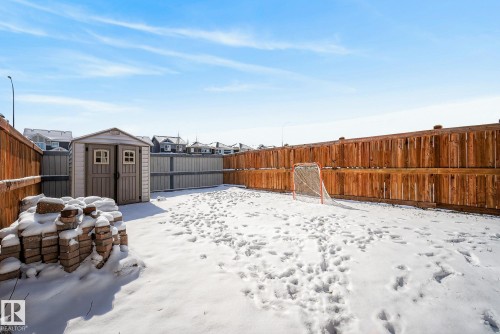 The property features a fenced yard with a storage shed and a paved stone stack - 8225 24 Avenue, Edmonton, AB - Outdoor