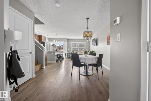 Open concept living area featuring hardwood flooring, a dining area with a chandelier, and a kitchen visible in the background - 8225 24 Avenue, Edmonton, AB - Indoor Photo Showing Dining Room