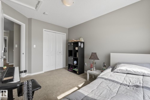 This room features neutral grey walls, light-colored carpeting, and a white bi-fold closet door - 8225 24 Avenue, Edmonton, AB - Indoor Photo Showing Bedroom