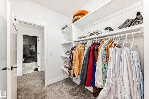 The property features a walk-in closet with built-in shelving, hanging rods, and a carpeted floor - 15108 11 Street, Edmonton, AB - Indoor With Storage