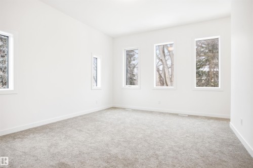 Spacious room featuring light-colored carpeting, white walls, and multiple windows providing views of trees - 9807 90 Avenue, Edmonton, AB - Indoor Photo Showing Other Room