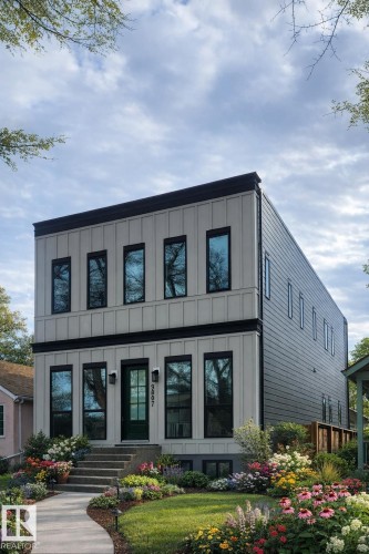 AI generated conceptual landscaping, The property features a contemporary architectural style with vertical white siding and dark trim - 9807 90 Avenue, Edmonton, AB - Outdoor