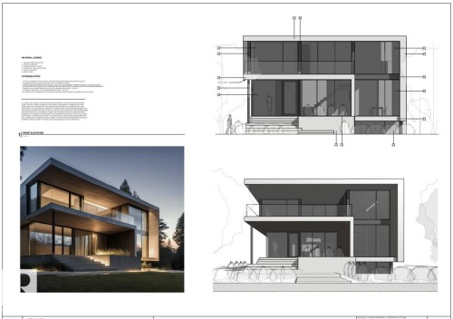 Architectural Plans, Front Elevation. Presenting detailed architectural drawings and a visual rendering of the property - 14631 Summit Drive, Edmonton, AB - Other