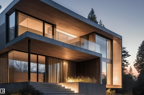 The property features a contemporary architectural style with extensive glazing, providing views of the surrounding natural landscape - 14631 Summit Drive, Edmonton, AB - Outdoor With Exterior