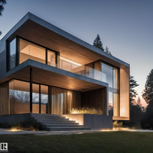 The property features a contemporary architectural style with expansive windows, a second-story balcony with a glass railing, and a grand exterior staircase with integrated lighting - 14631 Summit Drive, Edmonton, AB - Outdoor